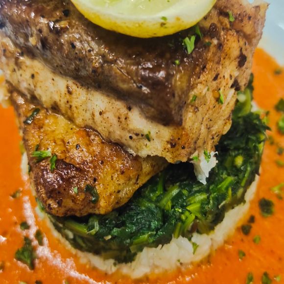 Florentone Fish on Spinach and flavoured rice with Romescoh, Sautted rice